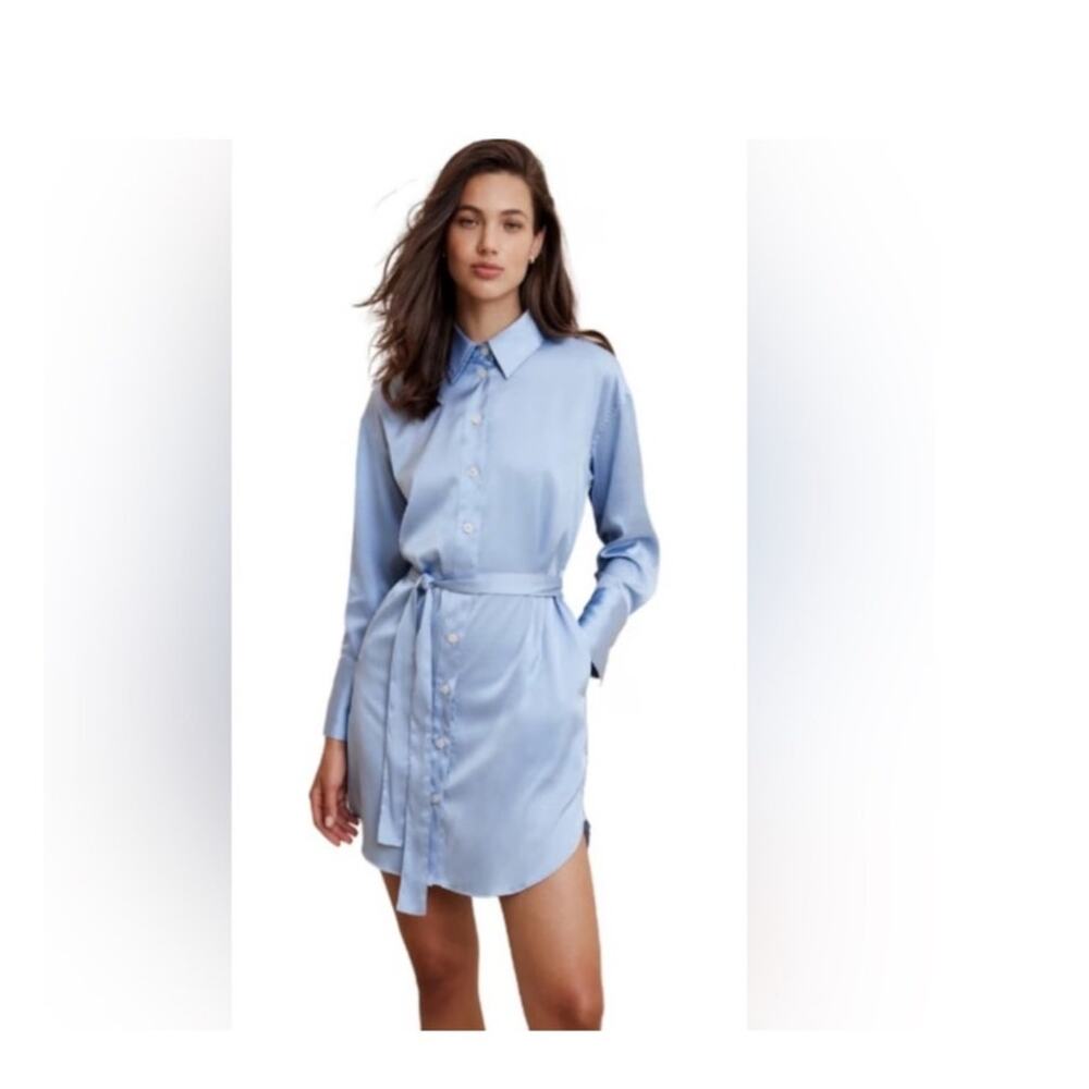 Banana Republic Light Baby Blue Satin Belted Shirt Buttoned Down Dress Size XS